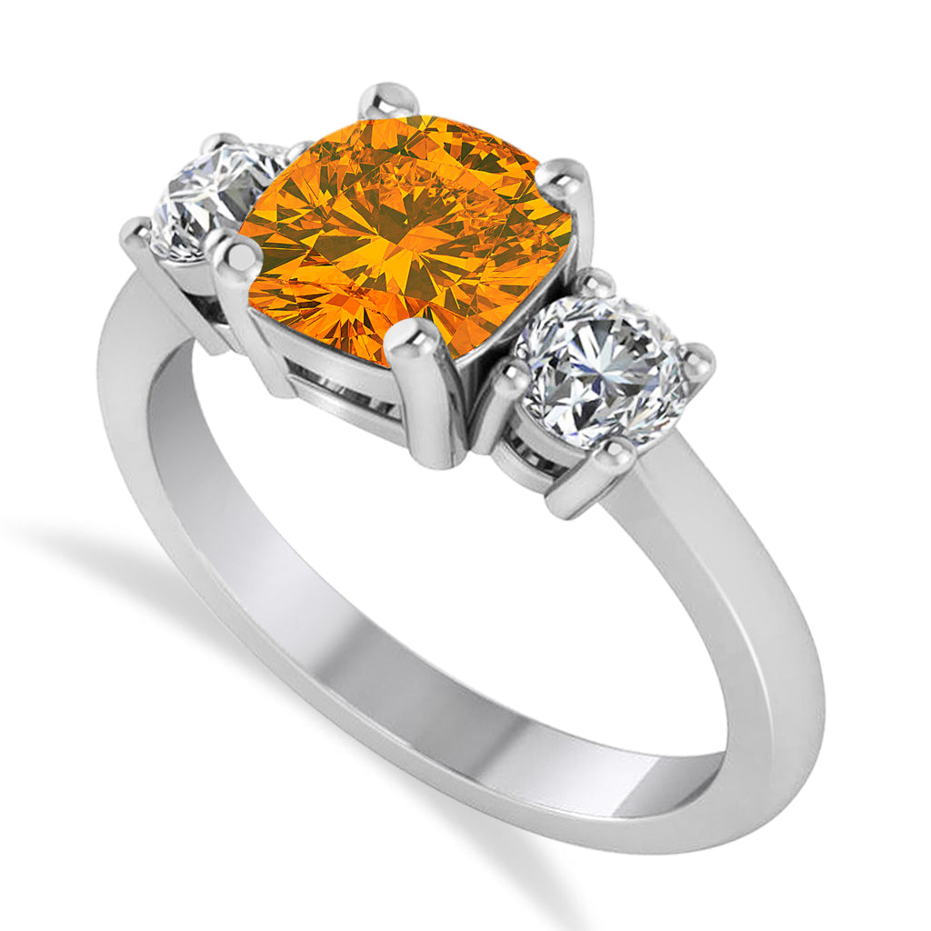 Cushion & Round 3-Stone Citrine & Diamond Engagement Ring 14k White Gold (2.50ct)