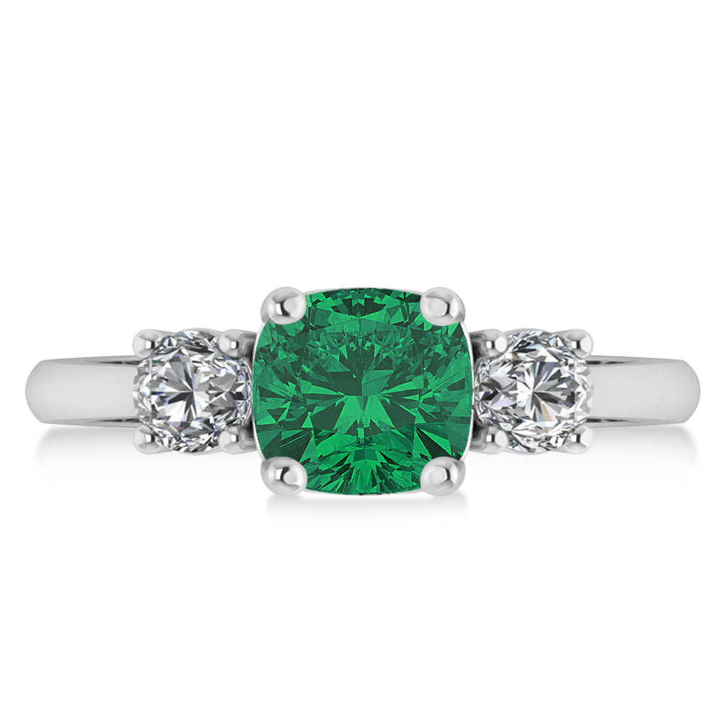 Cushion & Round 3-Stone Emerald & Diamond Engagement Ring 14k White Gold (2.50ct)