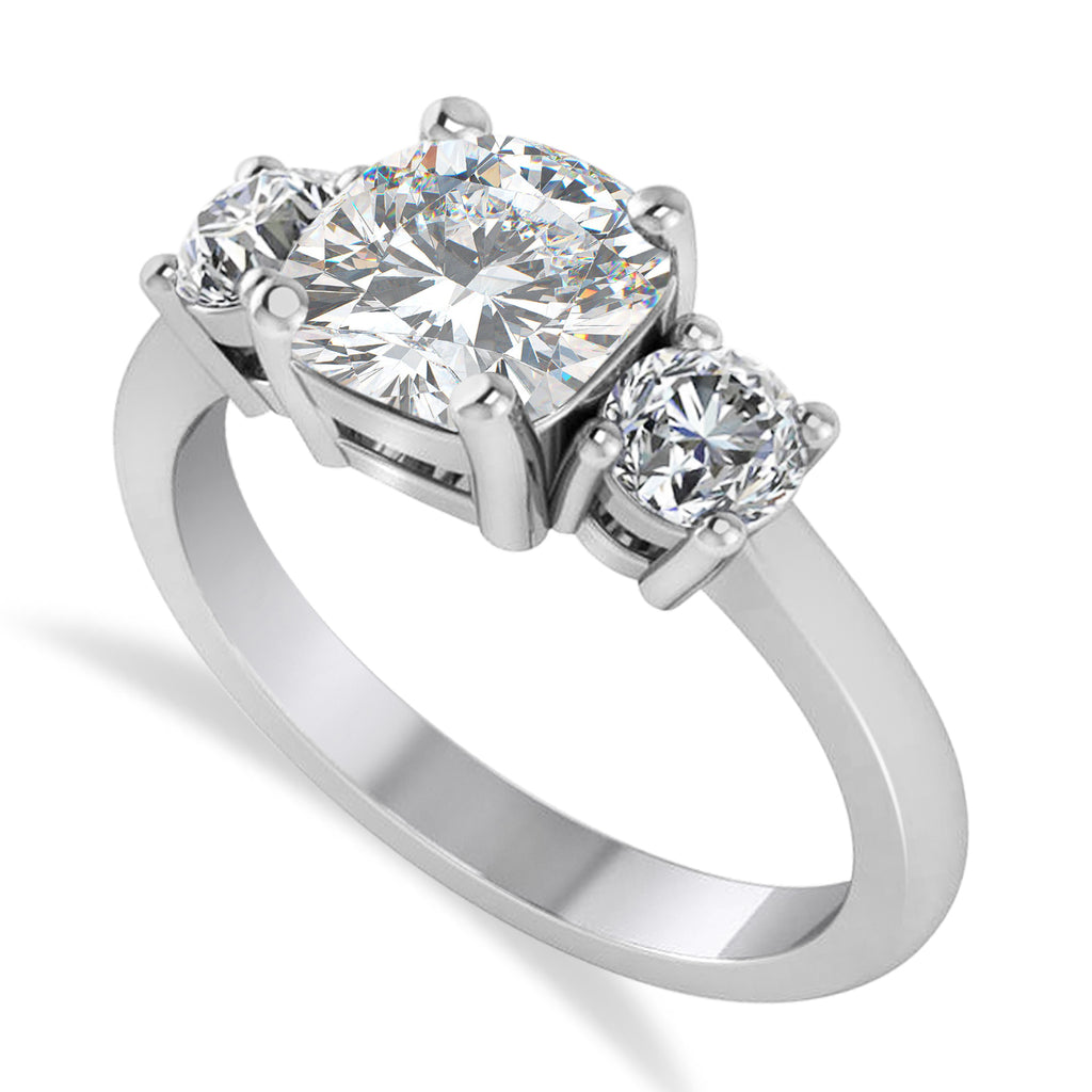 Cushion & Round 3-Stone Moissanite & Diamond Engagement Ring 14k White Gold (2.50ct)