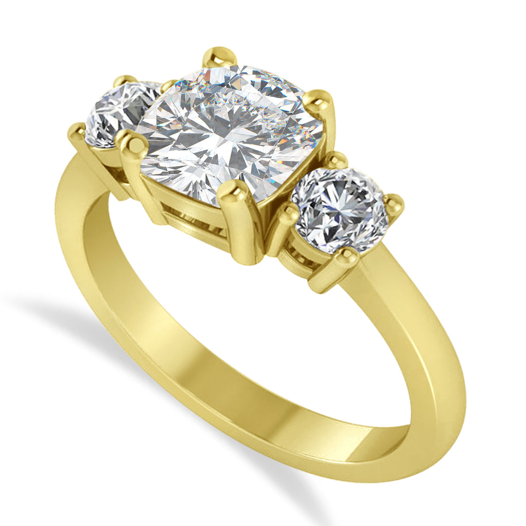 Cushion & Round 3-Stone Moissanite & Diamond Engagement Ring 14k Yellow Gold (2.50ct)