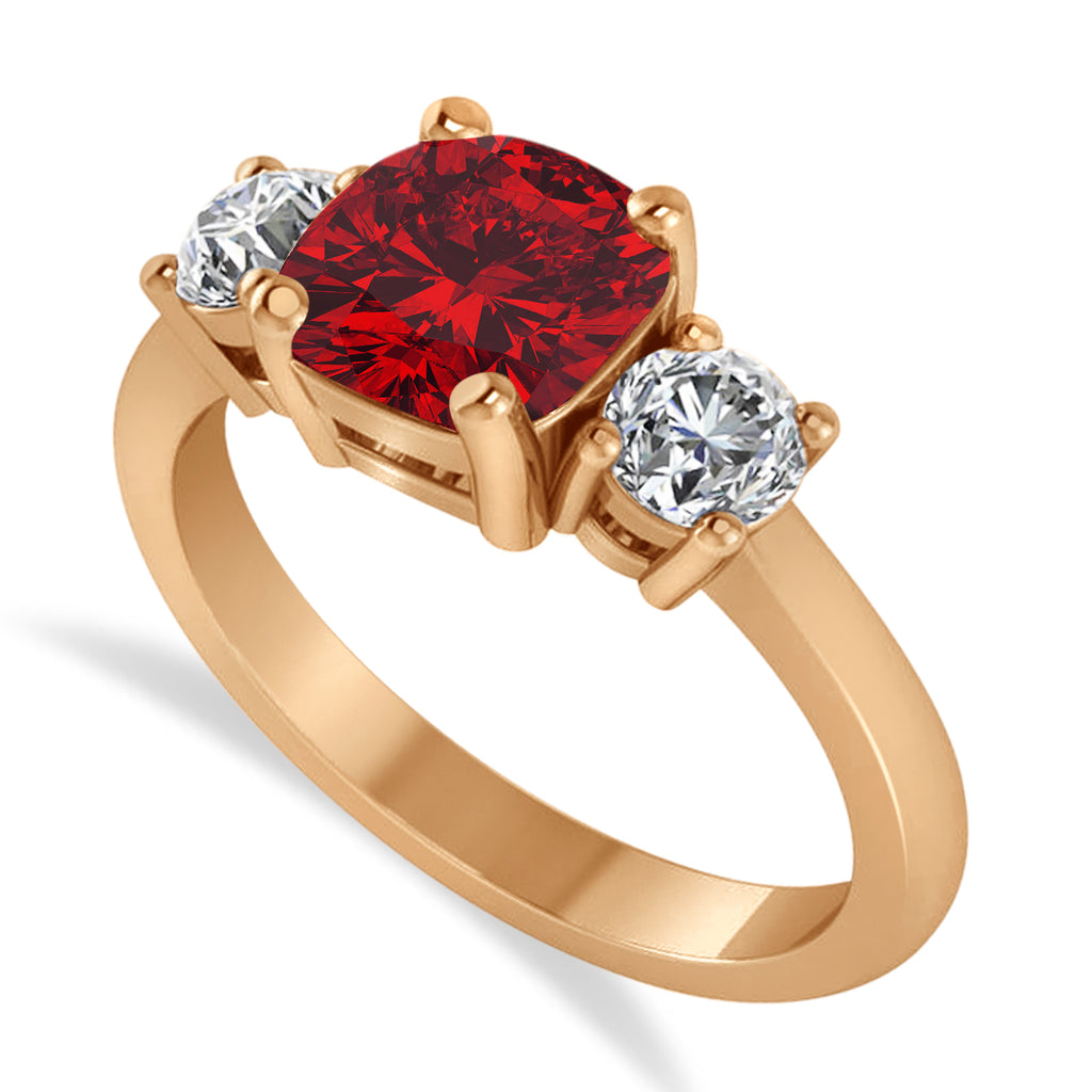 Cushion & Round 3-Stone Ruby & Diamond Engagement Ring 14k Rose Gold (2.50ct)