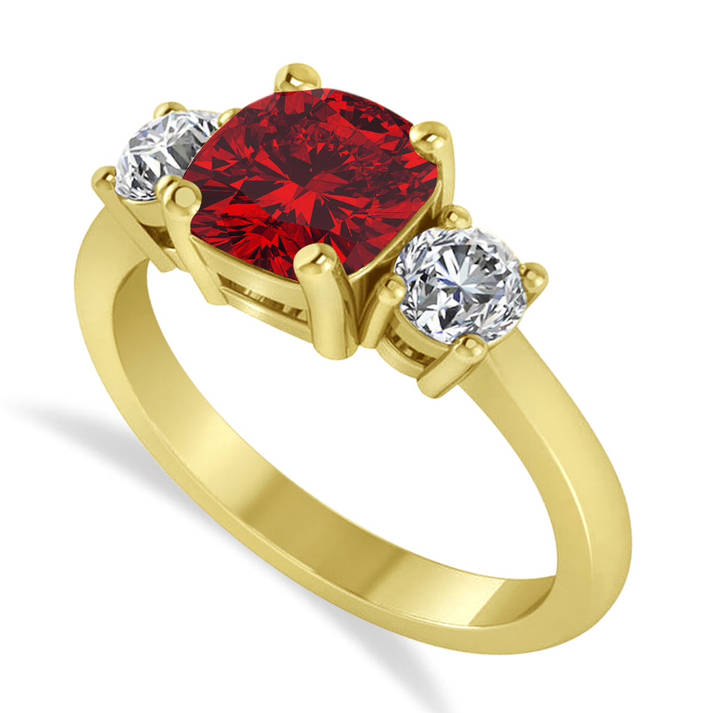 Cushion & Round 3-Stone Ruby & Diamond Engagement Ring 14k Yellow Gold (2.50ct)