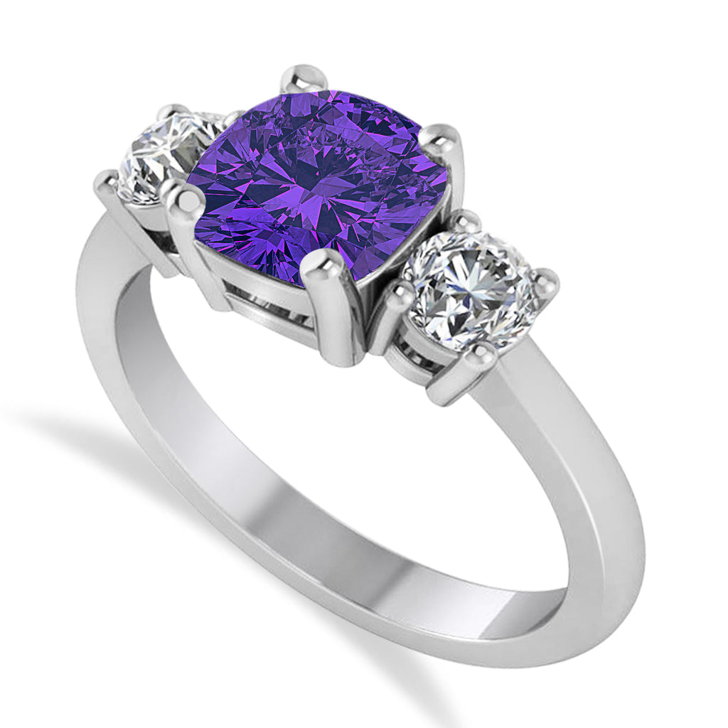 Cushion & Round 3-Stone Tanzanite & Diamond Engagement Ring 14k White Gold (2.50ct)