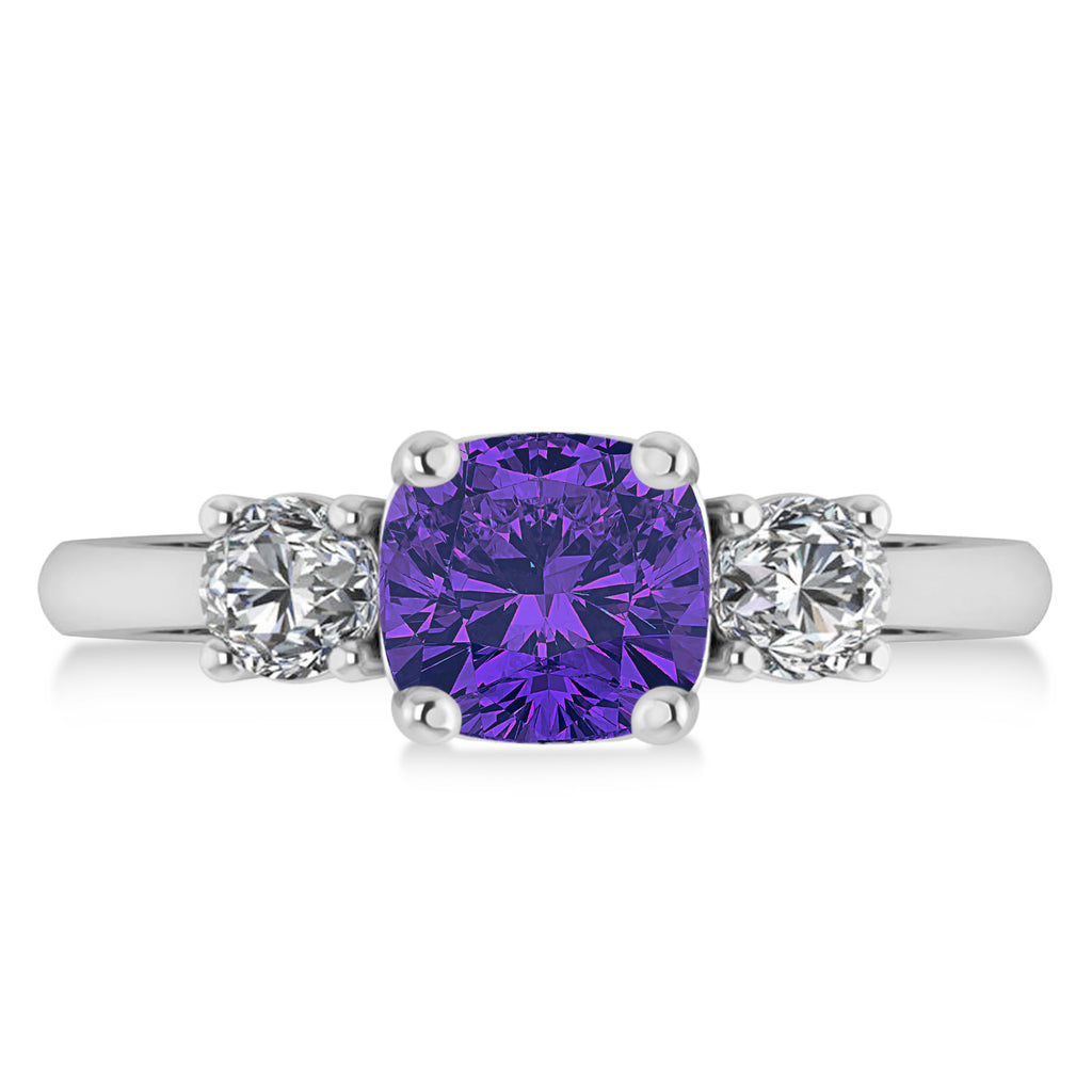 Cushion & Round 3-Stone Tanzanite & Diamond Engagement Ring 14k White Gold (2.50ct)