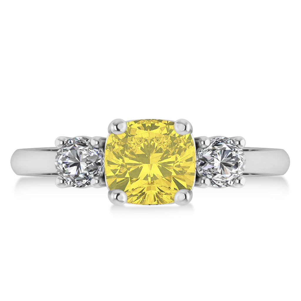 Cushion & Round 3-Stone Yellow & White Diamond Engagement Ring 14k White Gold (2.50ct)