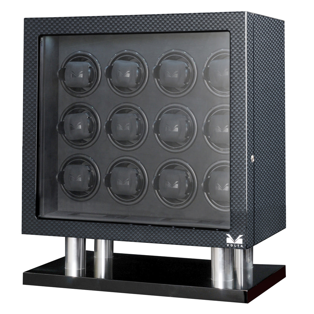 High Gloss Carbon Fiber Twelve Watch Winder w/ Black Leather Interior