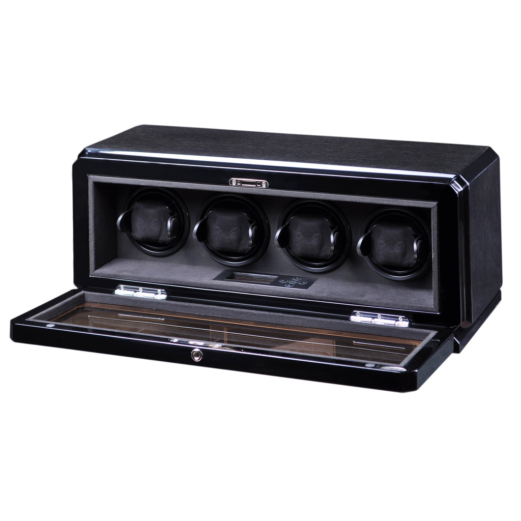 High Gloss Black Oak Four Watch Winder w/ Glass Window & Suede Interior