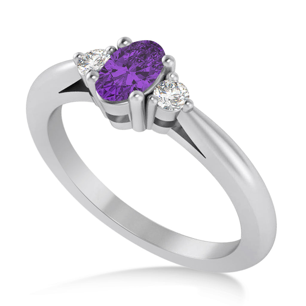 Oval Amethyst & Diamond Three-Stone Engagement Ring 14k White Gold (0.60ct)