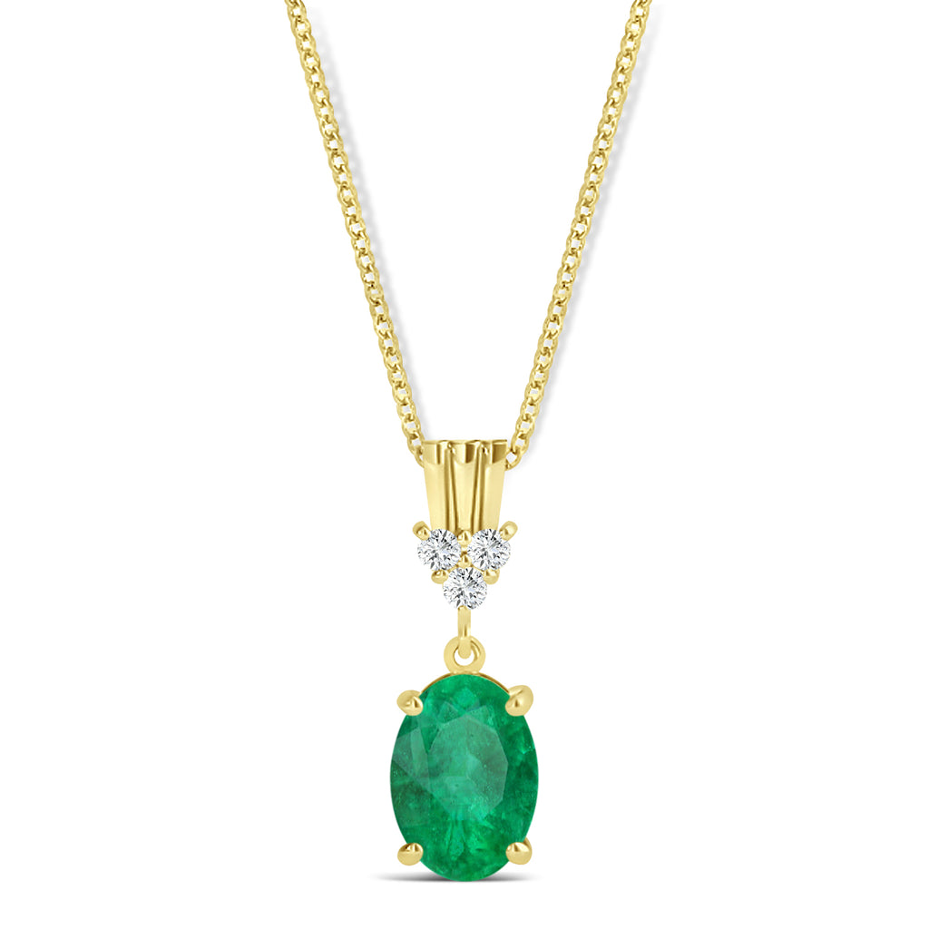 Oval Shape Emerald & Diamond Pendant Necklace 14k Yellow Gold (0.90ct)