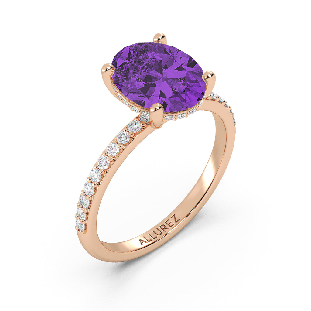 Oval Cut Amethyst Diamond Halo Engagement Ring 14K Rose Gold (3.47ct)