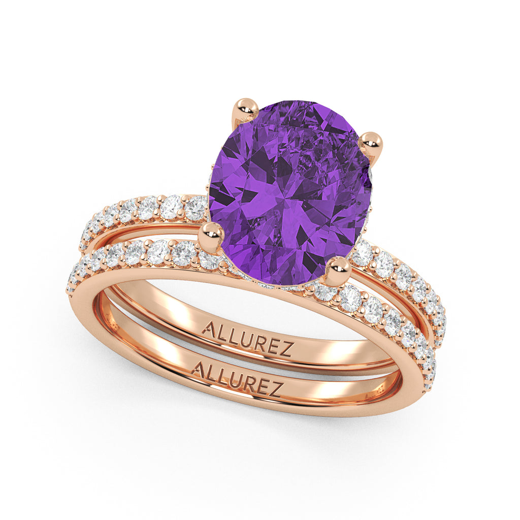 Oval Cut Amethyst with Hidden Halo  Bridal Ring Set 14K Rose Gold (3.69ct)