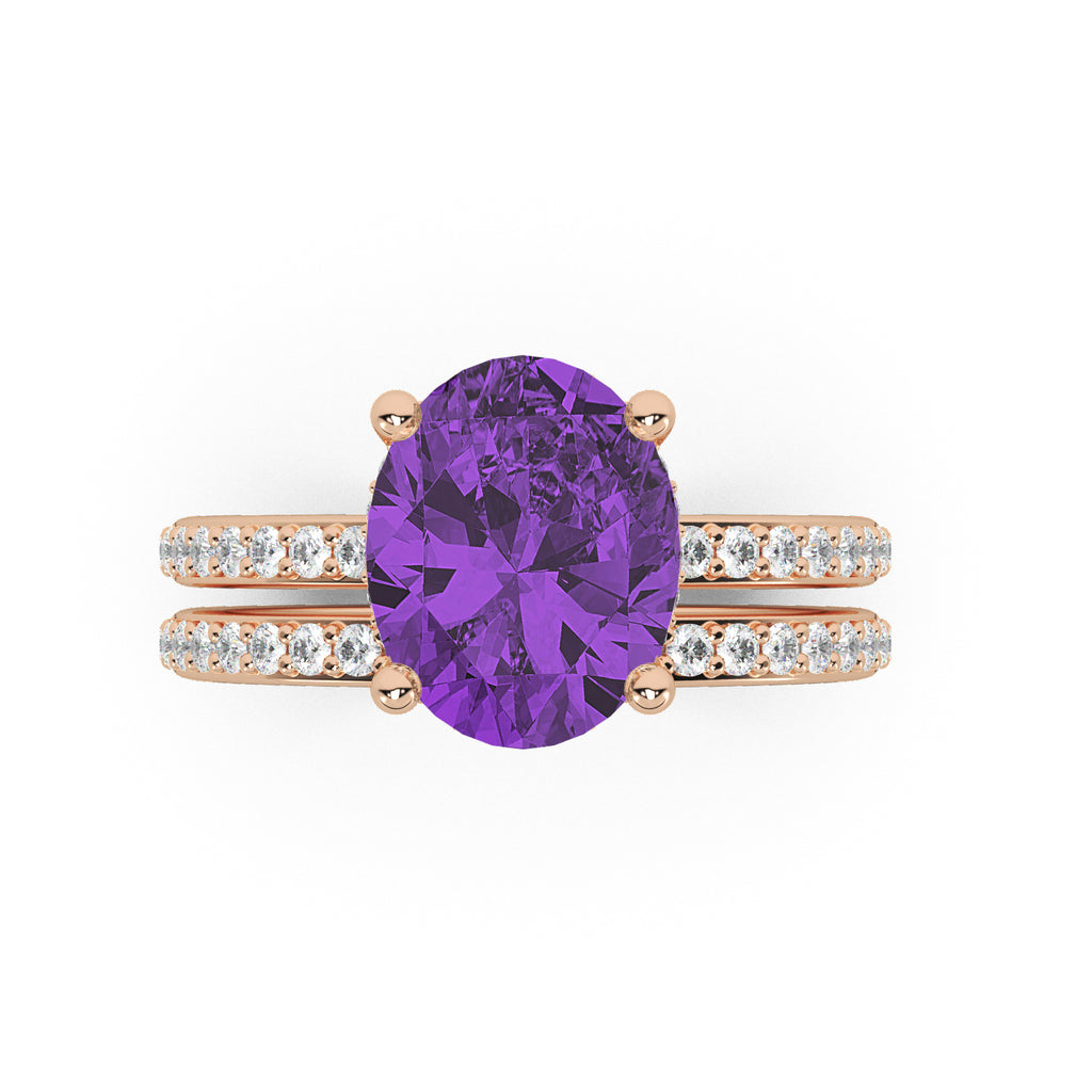 Oval Cut Amethyst with Hidden Halo  Bridal Ring Set 14K Rose Gold (3.69ct)
