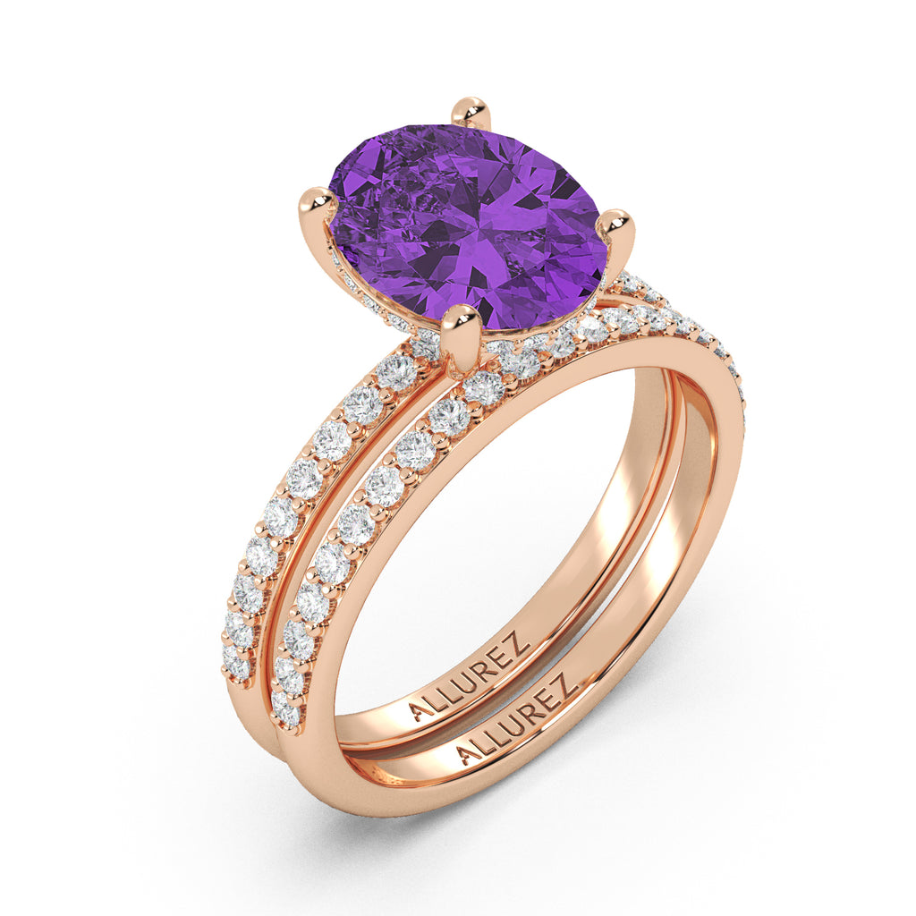 Oval Cut Amethyst with Hidden Halo  Bridal Ring Set 14K Rose Gold (3.69ct)