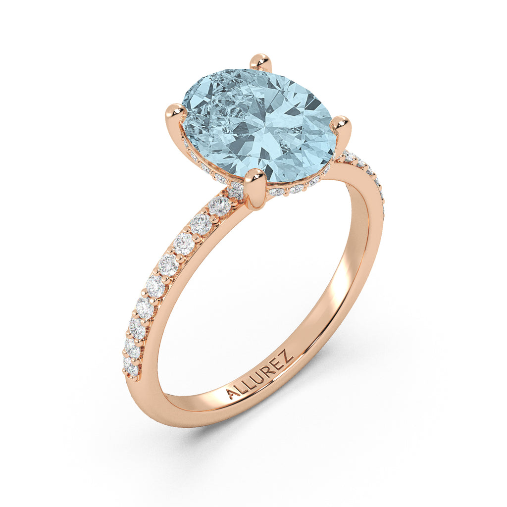 Oval Cut Aquamarine with Diamond Halo Engagement Ring 14K Rose Gold (3.27ct)