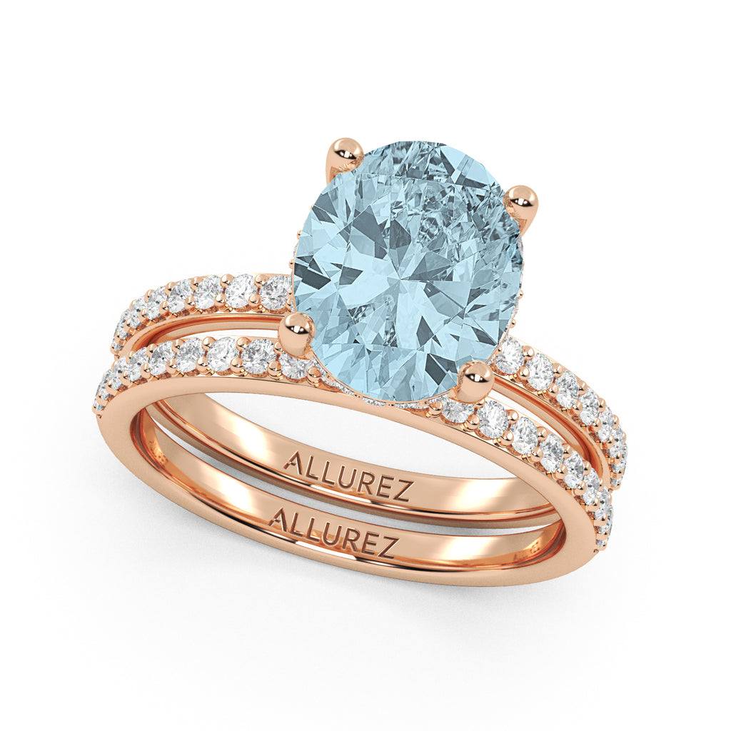 Oval Cut Aquamarine with Diamond Halo  Bridal Ring Set 14K Rose Gold (3.49ct)