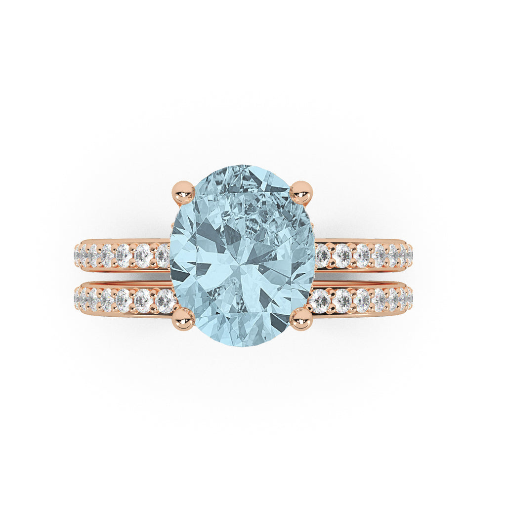 Oval Cut Aquamarine with Diamond Halo  Bridal Ring Set 14K Rose Gold (3.49ct)