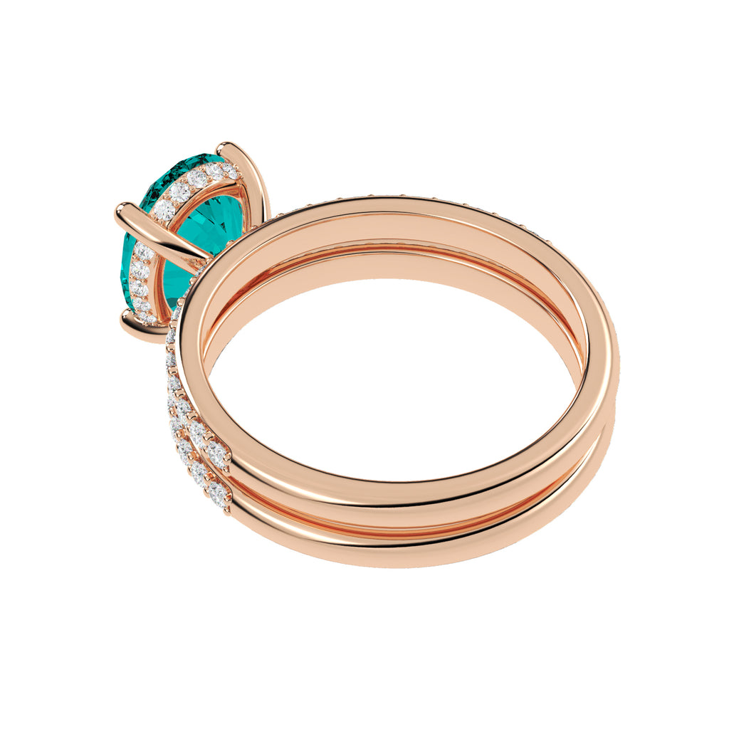 Oval Cut Aquamarine with Diamond Halo  Bridal Ring Set 14K Rose Gold (3.49ct)