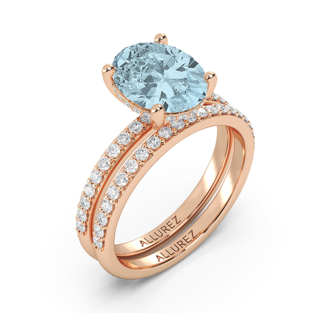 Oval Cut Aquamarine with Diamond Halo  Bridal Ring Set 14K Rose Gold (3.49ct)
