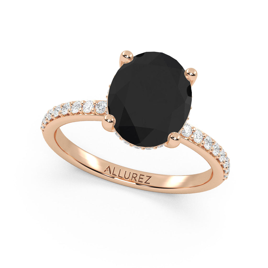 Oval Cut Black Diamond with Diamond Halo Engagement Ring 14K Rose Gold (4.27ct)