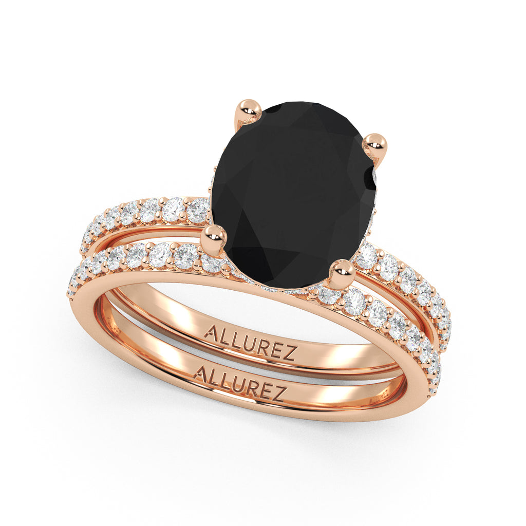 Oval Cut Black Diamond with Diamond Halo  Bridal Ring Set 14K Rose Gold (4.49ct)