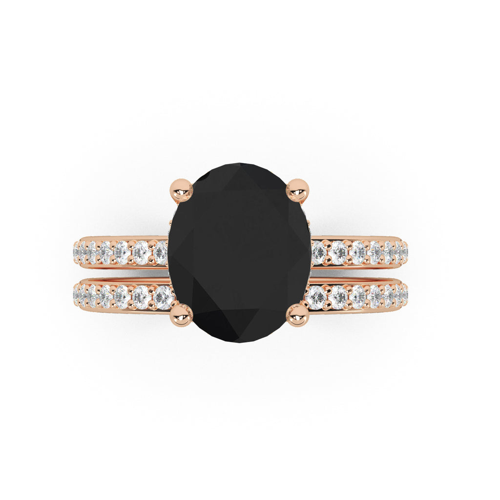 Oval Cut Black Diamond with Diamond Halo  Bridal Ring Set 14K Rose Gold (4.49ct)
