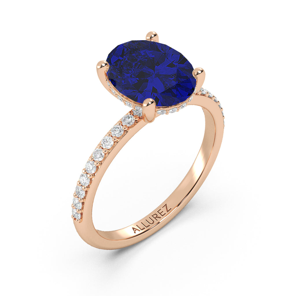 Oval Cut Blue Sapphire & Diamond Engagement Ring 14K Rose Gold (4.07ct)