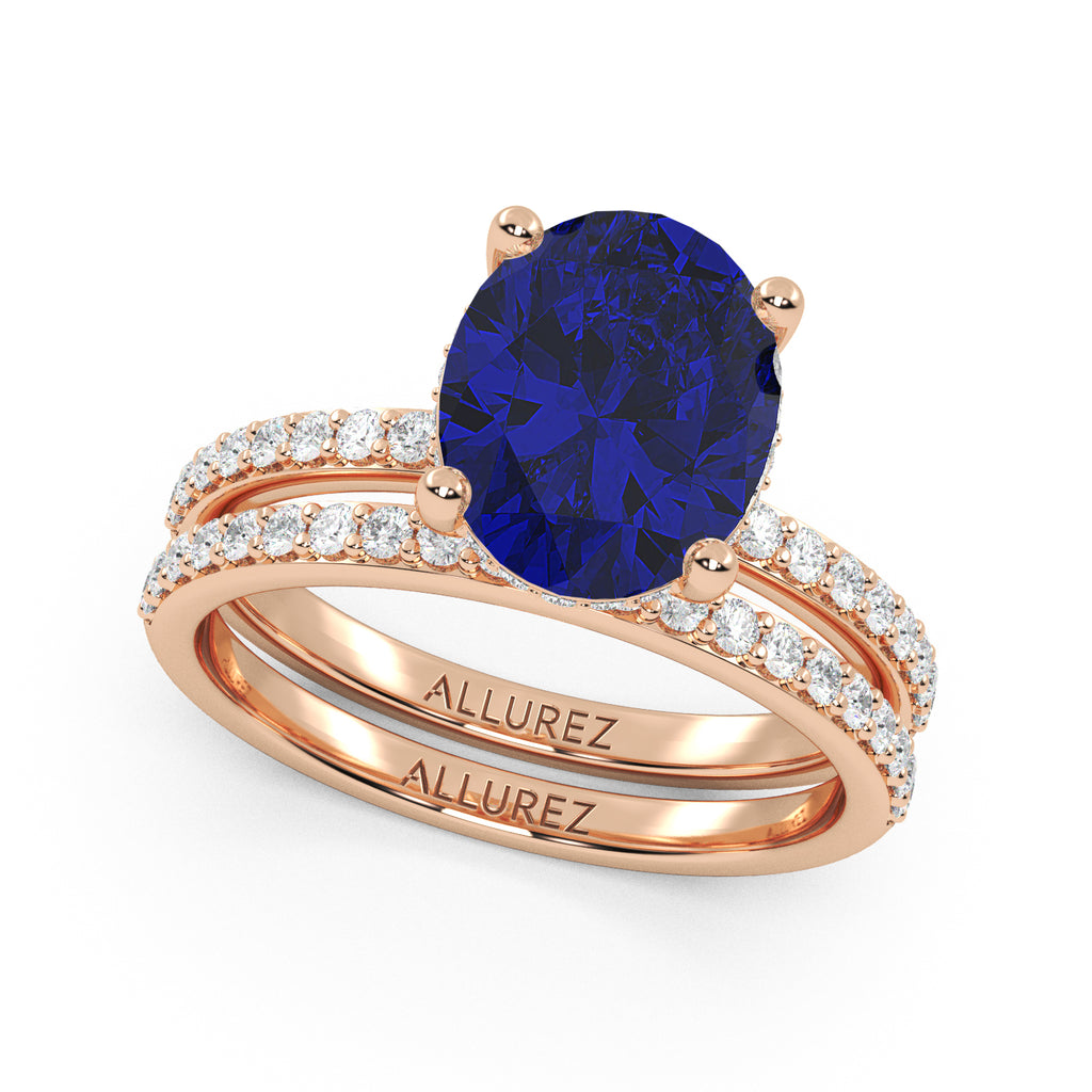 Oval Cut Lab Blue Sapphire & Lab Diamond Bridal Ring Set 14K Rose Gold (4.29ct)