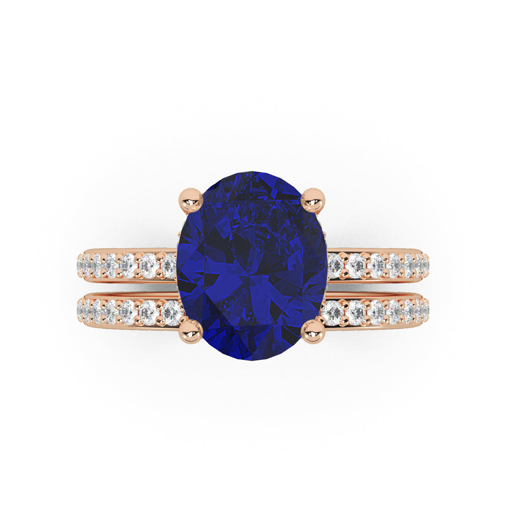 Oval Cut Lab Blue Sapphire & Lab Diamond Bridal Ring Set 14K Rose Gold (4.29ct)
