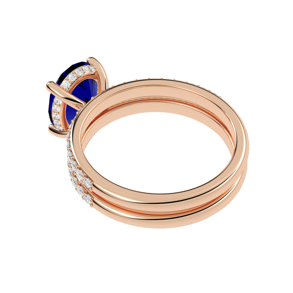 Oval Cut Lab Blue Sapphire & Lab Diamond Bridal Ring Set 14K Rose Gold (4.29ct)
