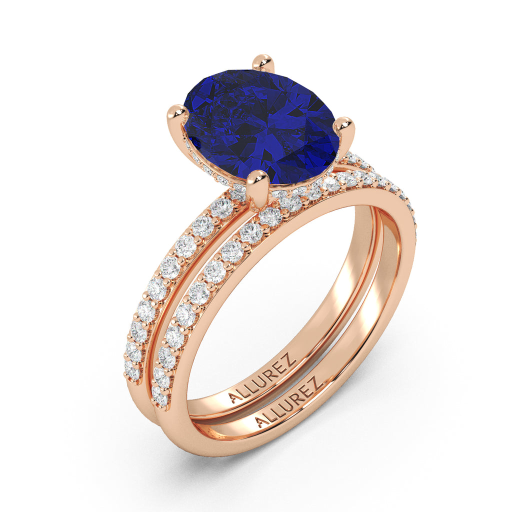 Oval Cut Lab Blue Sapphire & Lab Diamond Bridal Ring Set 14K Rose Gold (4.29ct)
