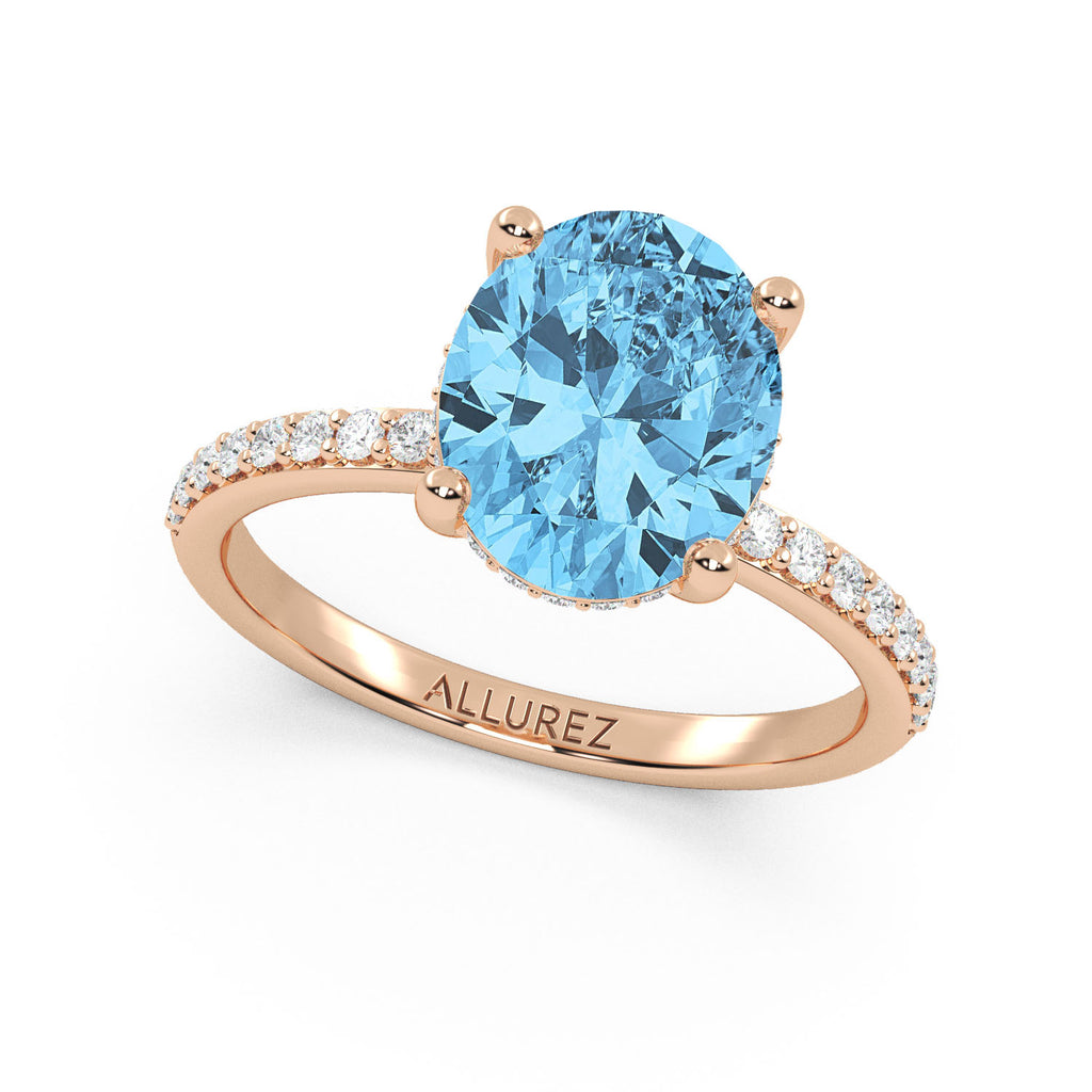 Oval Cut Blue Topaz with Diamond Halo Engagement Ring 14K Rose Gold (4.77ct)
