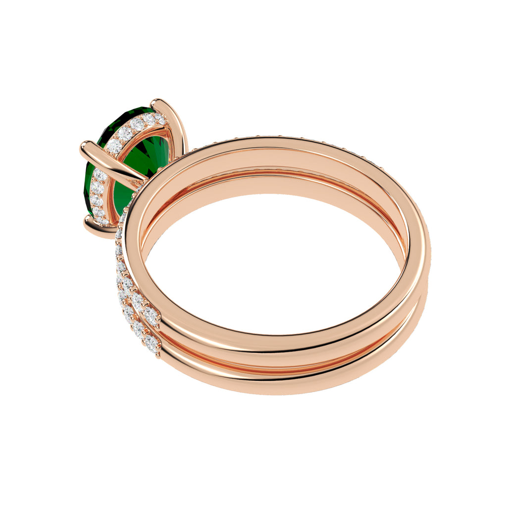 Oval Cut Lab Emerald with Hidden Halo  Bridal Ring Set 14K Rose Gold (4.24ct)