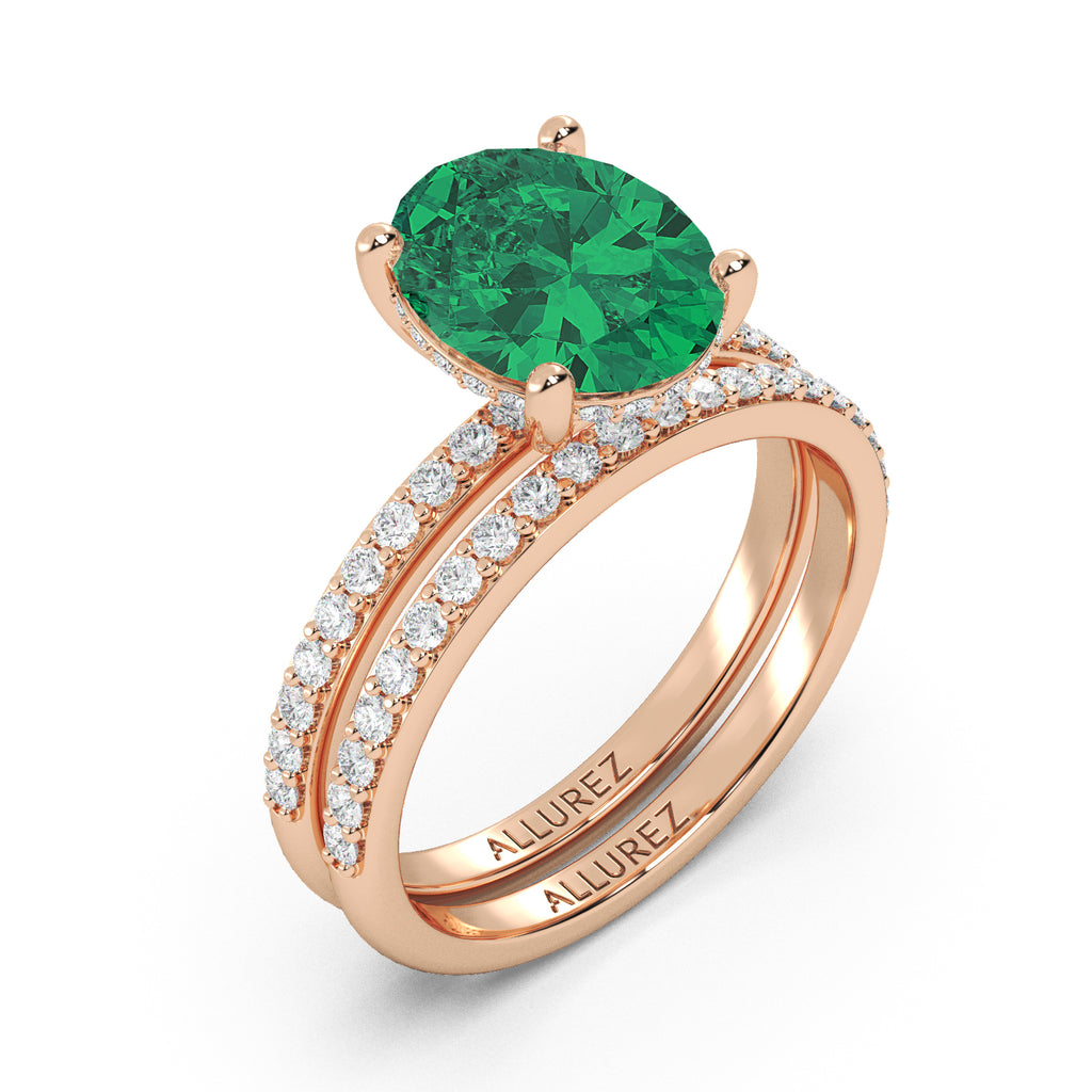 Oval Cut Lab Emerald with Hidden Halo  Bridal Ring Set 14K Rose Gold (4.24ct)