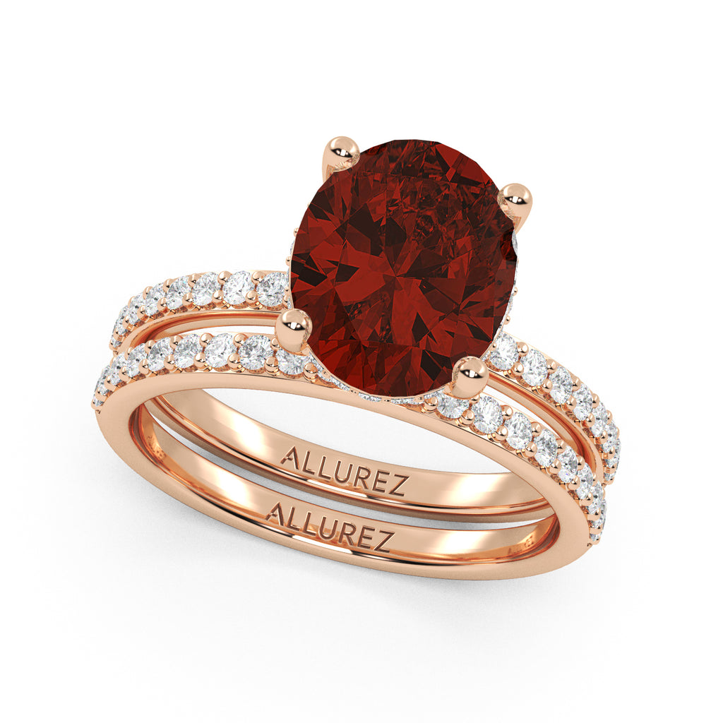Oval Cut Garnet with Hidden Halo  Bridal Ring Set 14K Rose Gold (4.24ct)