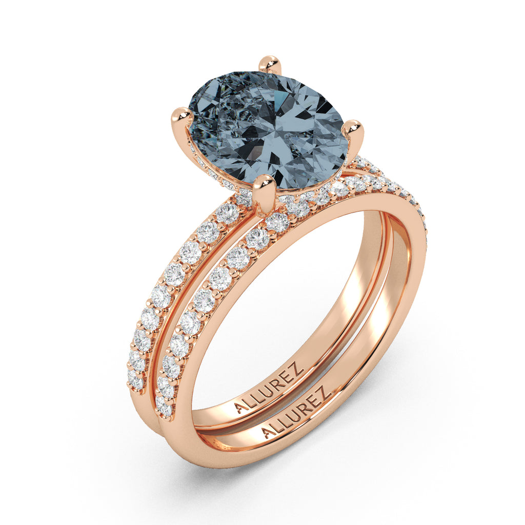 Oval Cut Gray Spinel with Hidden Halo  Bridal Ring Set 14K Rose Gold (4.22ct)