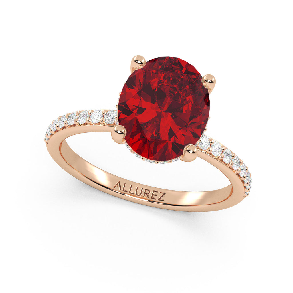 Oval Cut Lab Ruby with Hidden Lab Diamond Engagement Ring 14K Rose Gold (4.07ct)