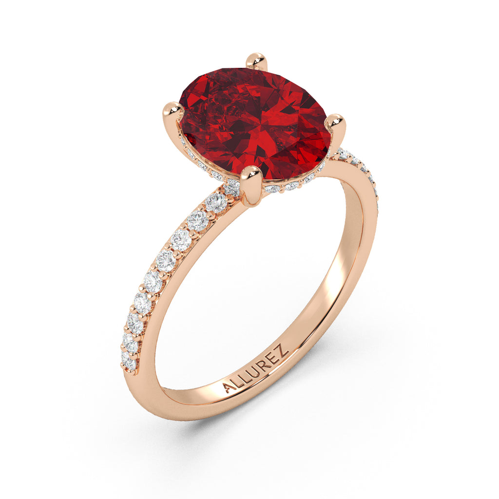 Oval Cut Lab Ruby with Hidden Lab Diamond Engagement Ring 14K Rose Gold (4.07ct)