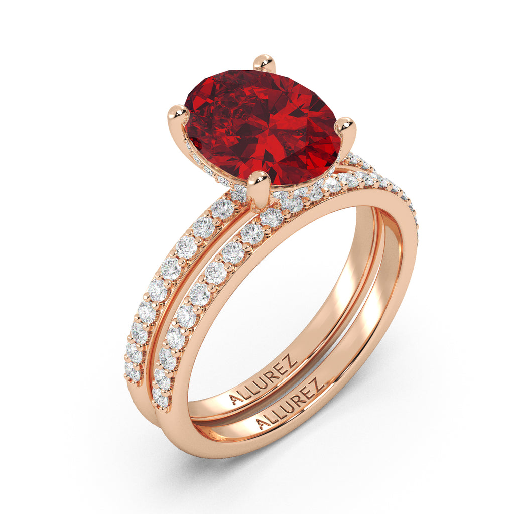 Oval Cut Lab Ruby with Hidden Lab Diamond Bridal Ring Set 14K Rose Gold (4.29ct)