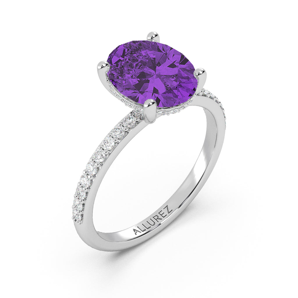 Oval Cut Amethyst Diamond Halo Engagement Ring 14K White Gold (3.47ct)