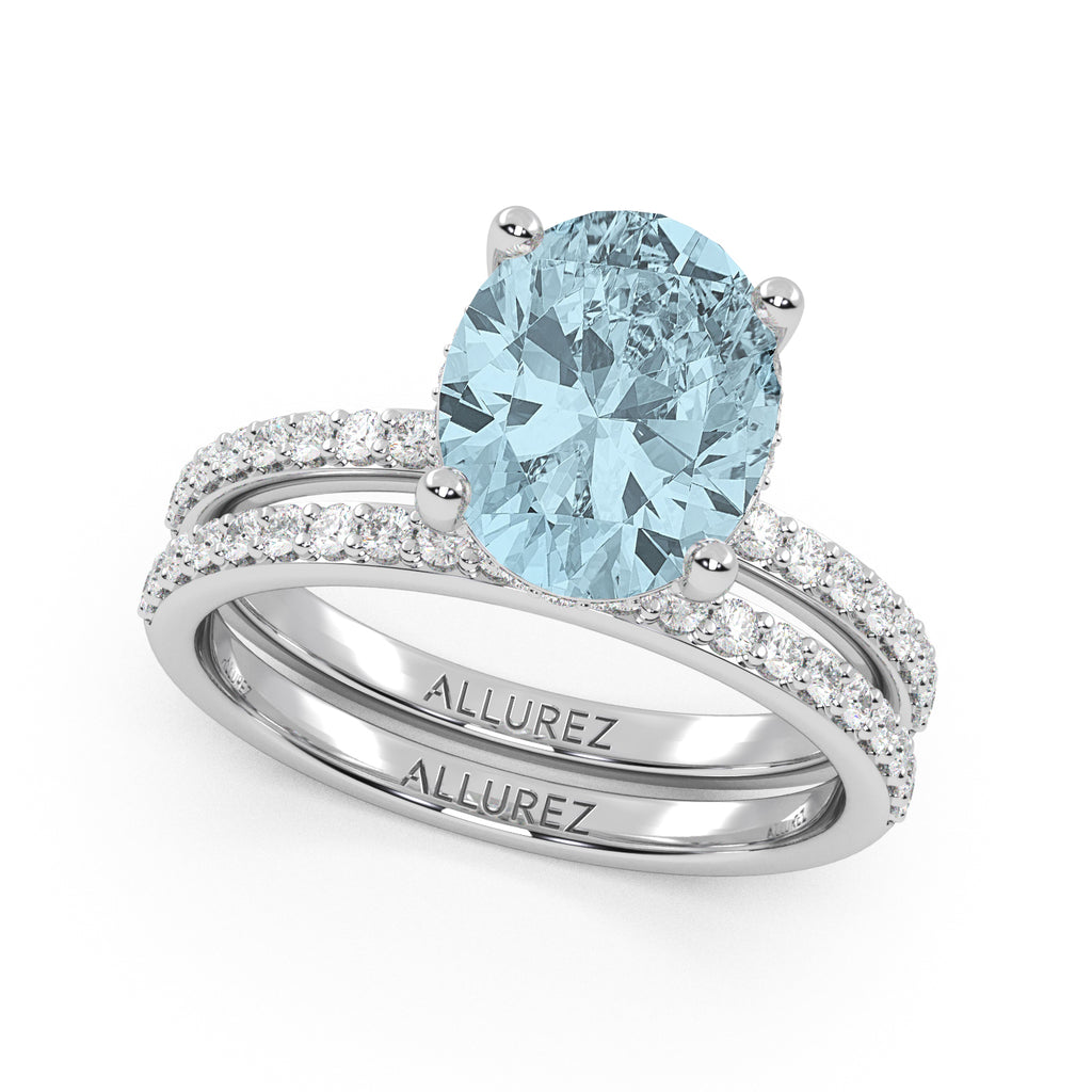 Oval Cut Aquamarine with Diamond Halo Bridal Ring Set 14K White Gold (3.49ct)