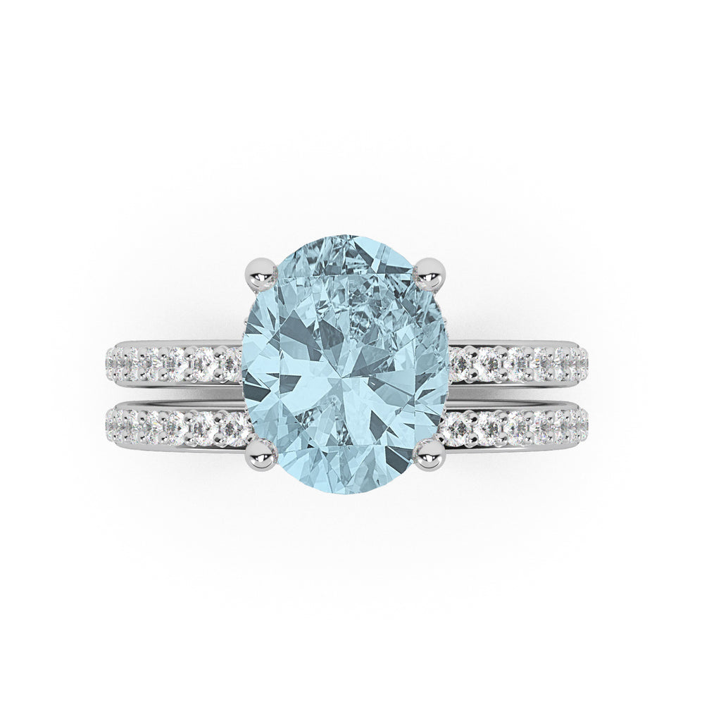 Oval Cut Aquamarine with Diamond Halo Bridal Ring Set 14K White Gold (3.49ct)
