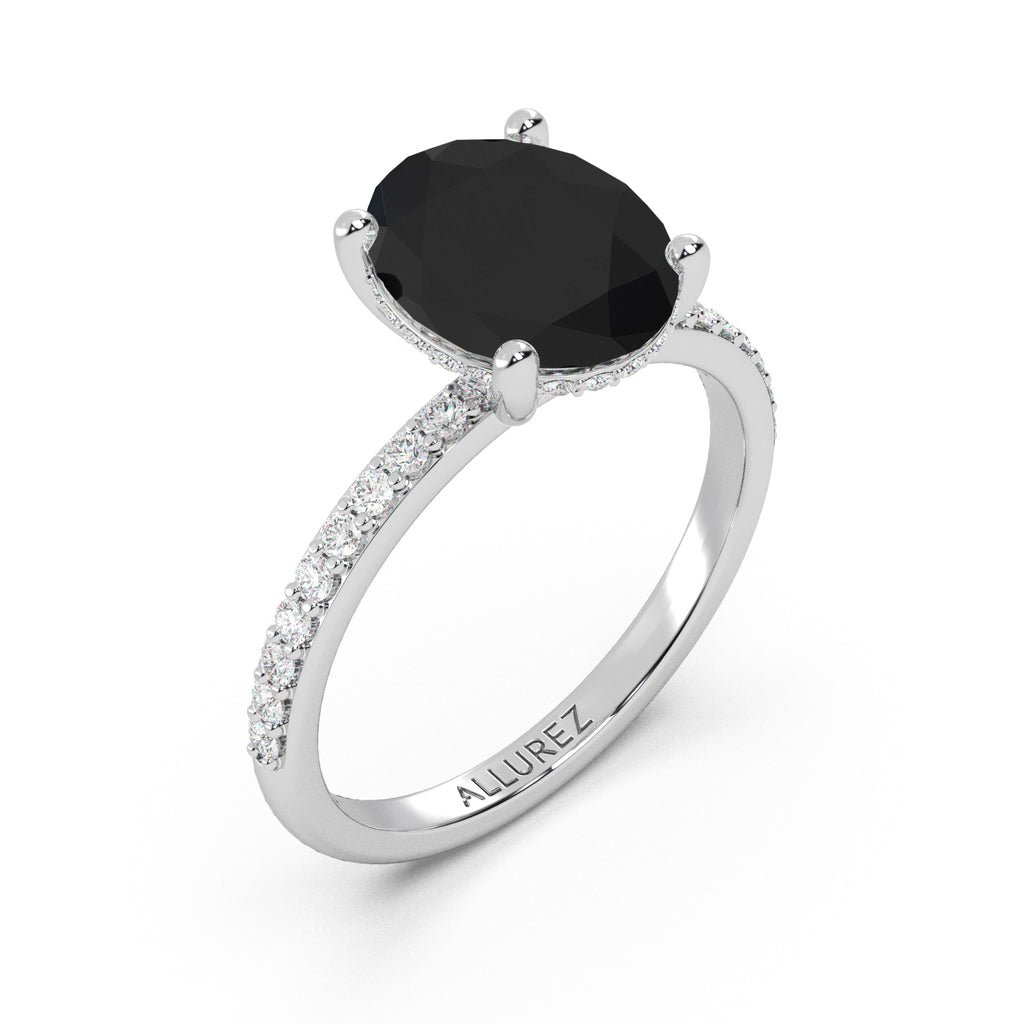 Oval Cut Black Diamond with Diamond Halo Engagement Ring 14K White Gold (4.27ct)
