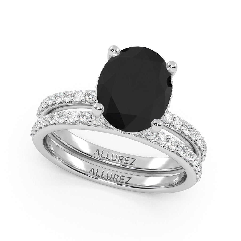 Oval Cut Black Diamond with Diamond Halo  Bridal Ring Set 14K White Gold (4.49ct)