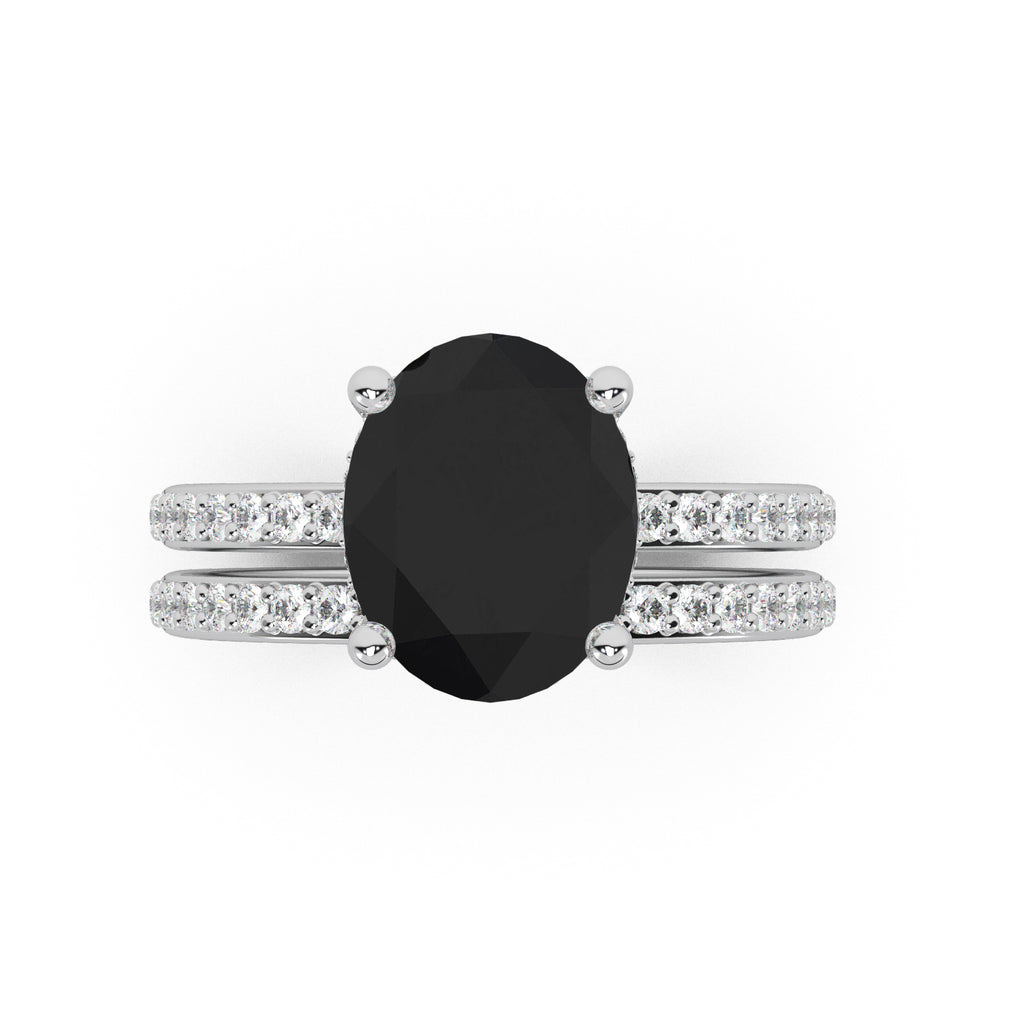 Oval Cut Black Diamond with Diamond Halo  Bridal Ring Set 14K White Gold (4.49ct)
