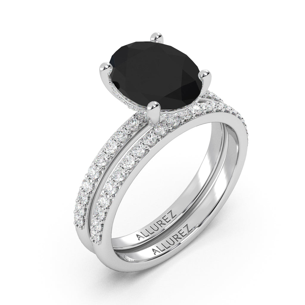 Oval Cut Black Diamond with Diamond Halo  Bridal Ring Set 14K White Gold (4.49ct)