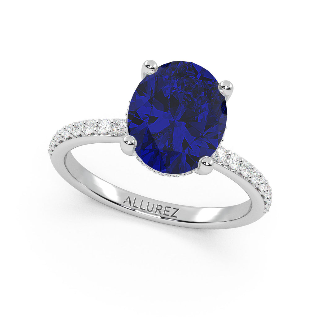 Oval Cut Blue Sapphire & Diamond Engagement Ring 14K White Gold (4.07ct)