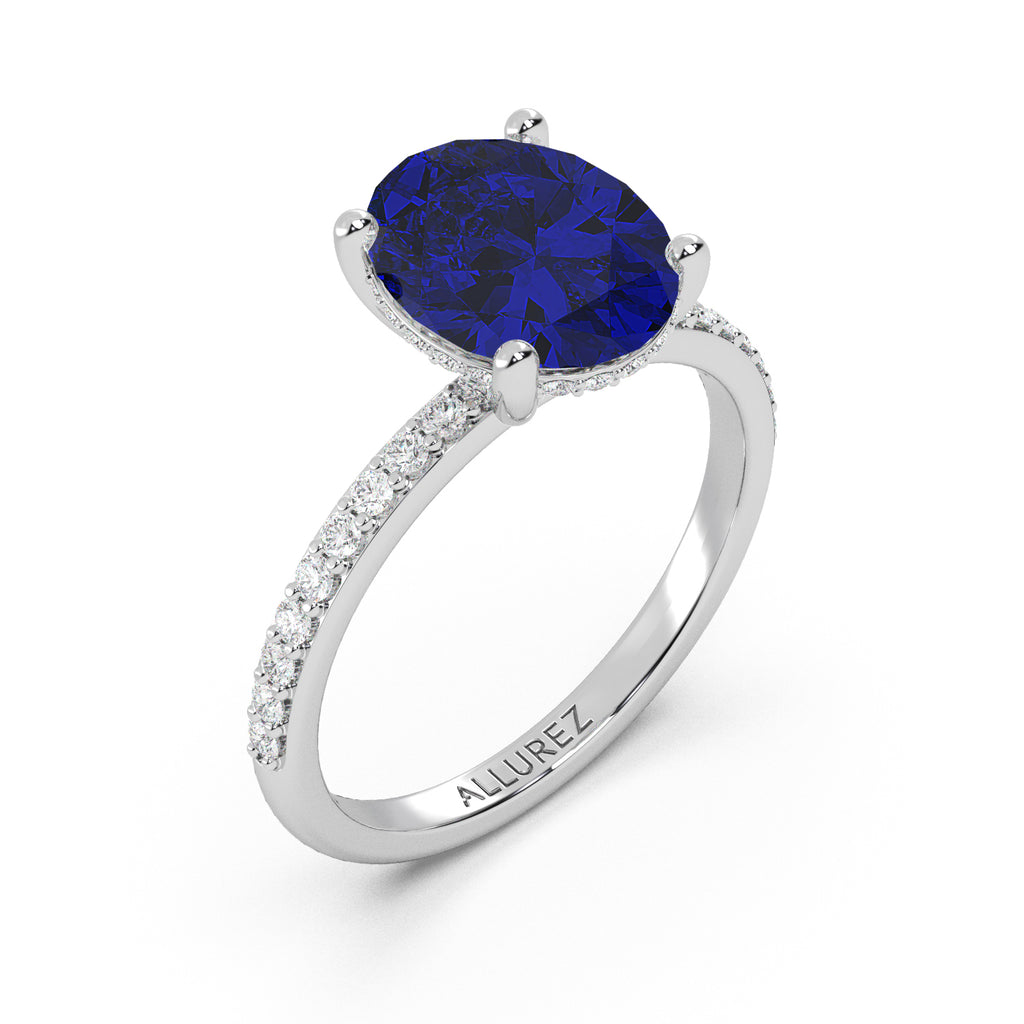 Oval Cut Blue Sapphire & Diamond Engagement Ring 14K White Gold (4.07ct)