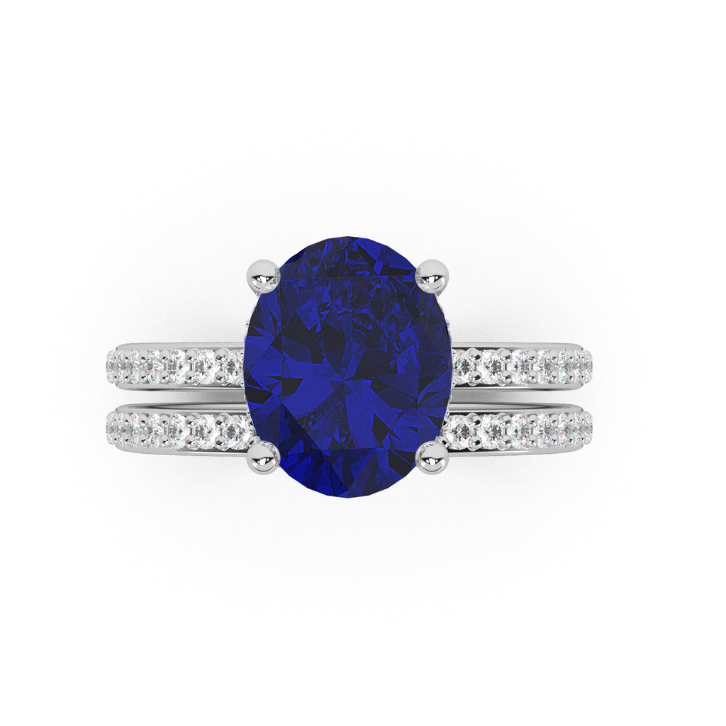 Oval Cut Lab Blue Sapphire & Lab Diamond Bridal Ring Set 14K White Gold (4.29ct)