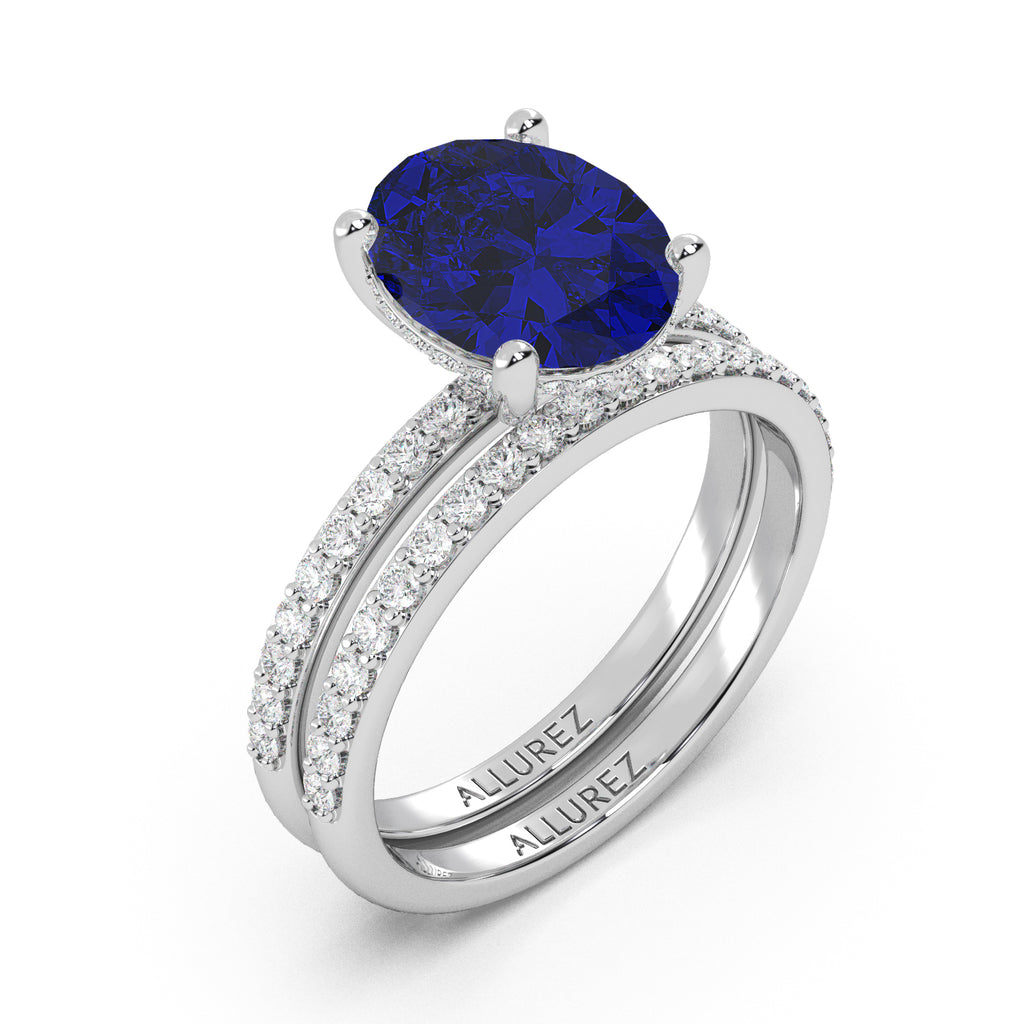 Oval Cut Lab Blue Sapphire & Lab Diamond Bridal Ring Set 14K White Gold (4.29ct)