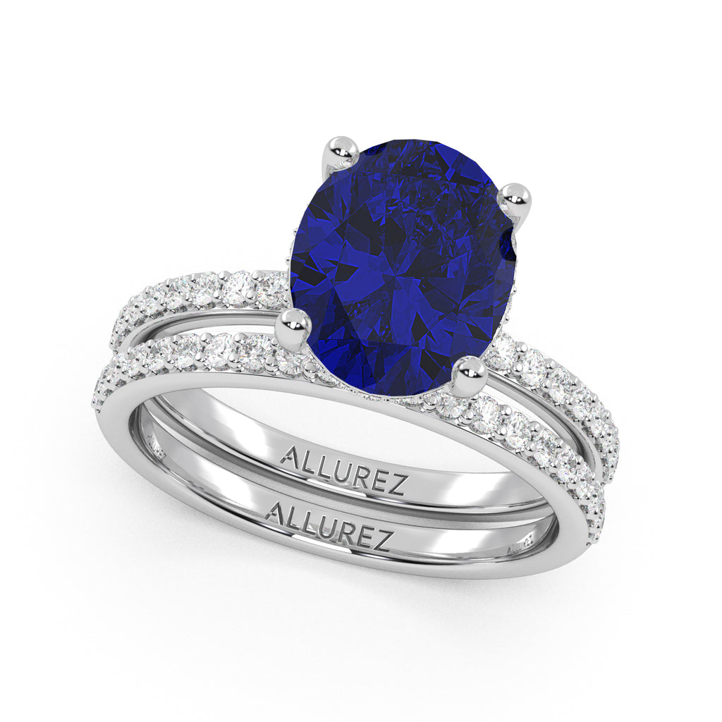 Oval Cut Blue Sapphire & Diamond Bridal Ring Set 14K White Gold (4.29ct)